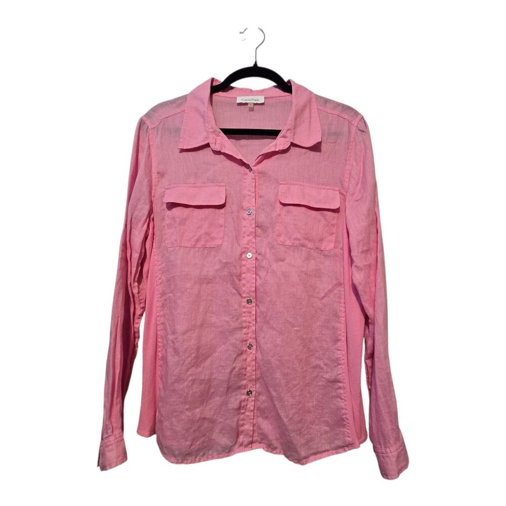 Calvin Klein Linen Button Down Blouse Shirt Women LG Pink Roll Tab Sleeve Preppy